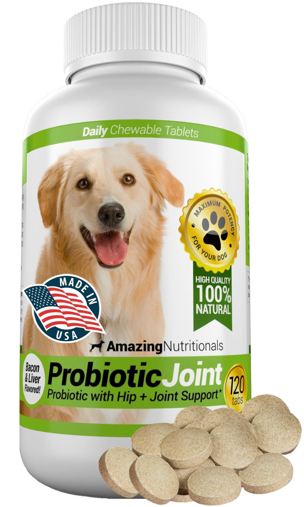 Amazing Nutritionals dog probiotics bottle showing bite sized chews for digestion.