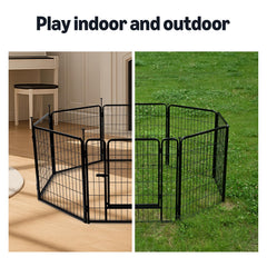 Amazon Basics dog playpen eight panels arranged in square layout for versatile space.