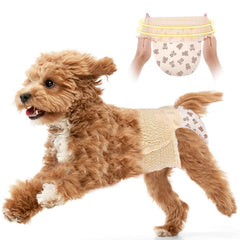 Ambreview dog diapers female 10-pack on table shows secure pull-up fit for comfort