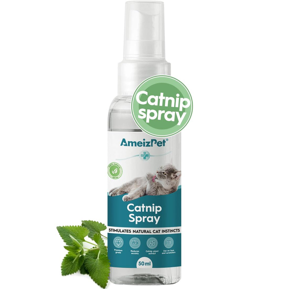AmeizPet Catnip Spray bottle closeup highlighting premium oils for engaging playtime