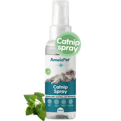 AmeizPet Catnip Spray bottle closeup highlighting premium oils for engaging playtime