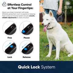 American Kennel Club retractable leash features quick-lock for easy length adjustment in crowds.