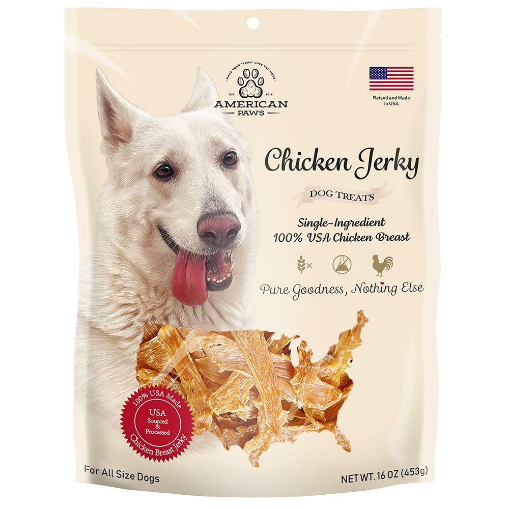 American Paws Chicken Jerky packaging back reveals simple high-protein ingredients.