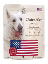 American Paws dehydrated chicken feet bag close-up, single-ingredient USA-made dog treats for picky eaters.