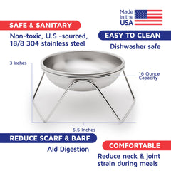Americat stainless steel bowls elevate feeding and reduce whisker fatigue.