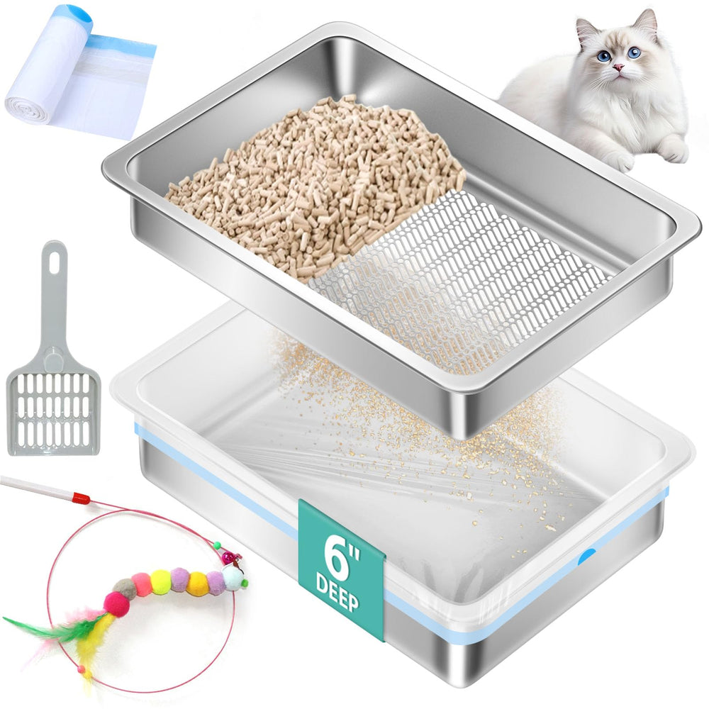 Amibud stainless steel sifting litter box front view showing durable metal design and clean lines