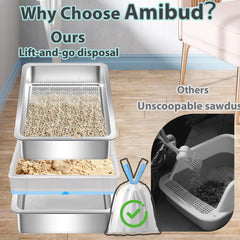 Amibud stainless steel sifting litter box interior with smooth non-stick surface for quick cleanup