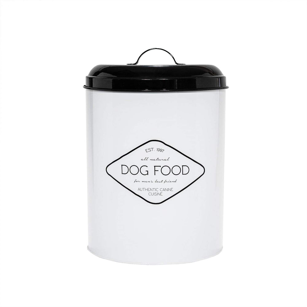 Amici Pet Buster storage bin front view with compact metal design for pantry storage