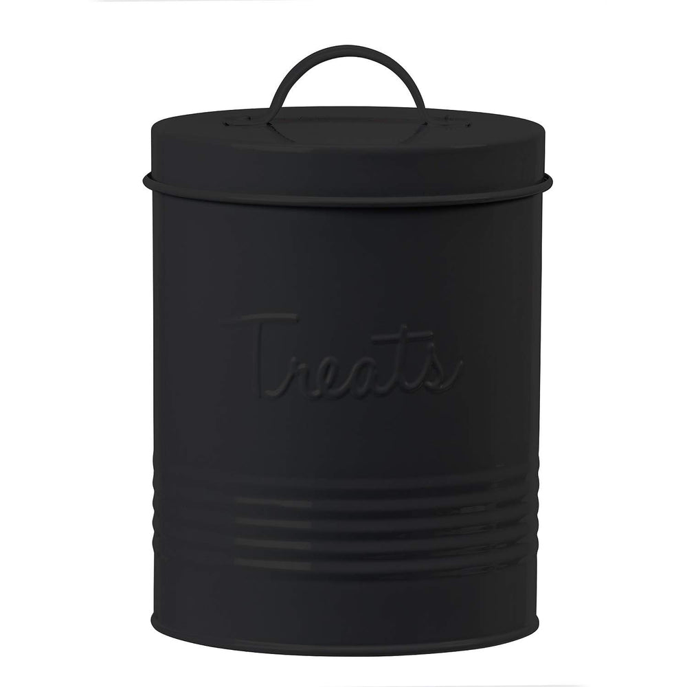 Amici Pet retro metal storage canister front view shows matte black finish and fresh-treat protection.
