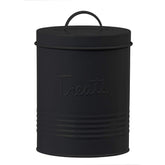 Amici Pet retro metal storage canister front view shows matte black finish and fresh-treat protection.
