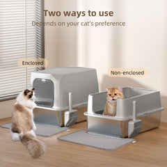 Amniau stainless steel cat litter box semi-enclosed view for open space.