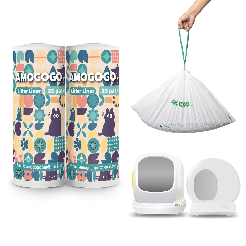 AMOGOGOPET 50-pack litter bags ready for use with strong odor containment.