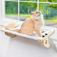 AMOSIJOY cat sill window perch wooden frame demonstrates sturdy construction for confident lounging.