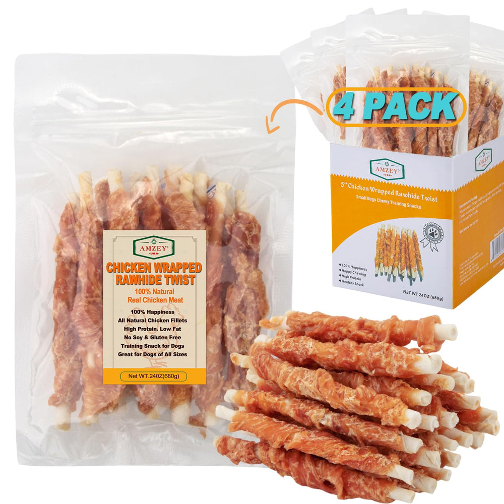 Amzey 24oz chicken wrapped rawhides packaging highlighting value pack and portability.