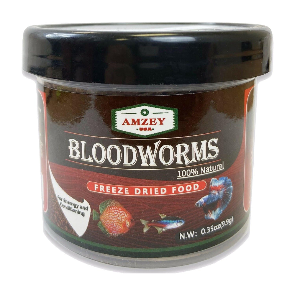 Amzey Blood Worms packaging closeup highlights premium nutrition for tropical fish