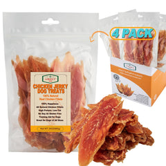 Amzey Chicken Jerky packaging shows four resealable bags for fresh-tasting treats