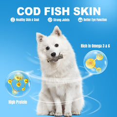Amzey dried cod skin chews closeup highlighting crunchy texture ideal for teeth cleaning.