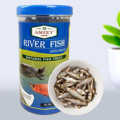 Amzey dried river fish packaging highlights premium protein for aquatic pets.