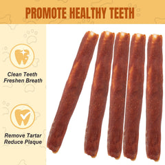 Amzey duck-wrapped rawhide-roll close-up emphasizes duck flavor and durability.