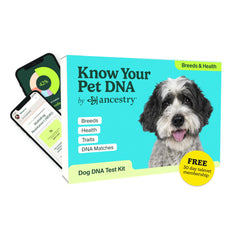 AncestryDNA dog DNA kit box showing easy at home collection for pet parents