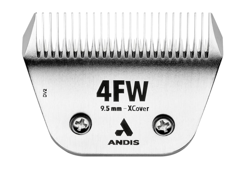 Andis ceramicEDGE Wide Blade 4FW closeup shows smooth edge for faster grooming.