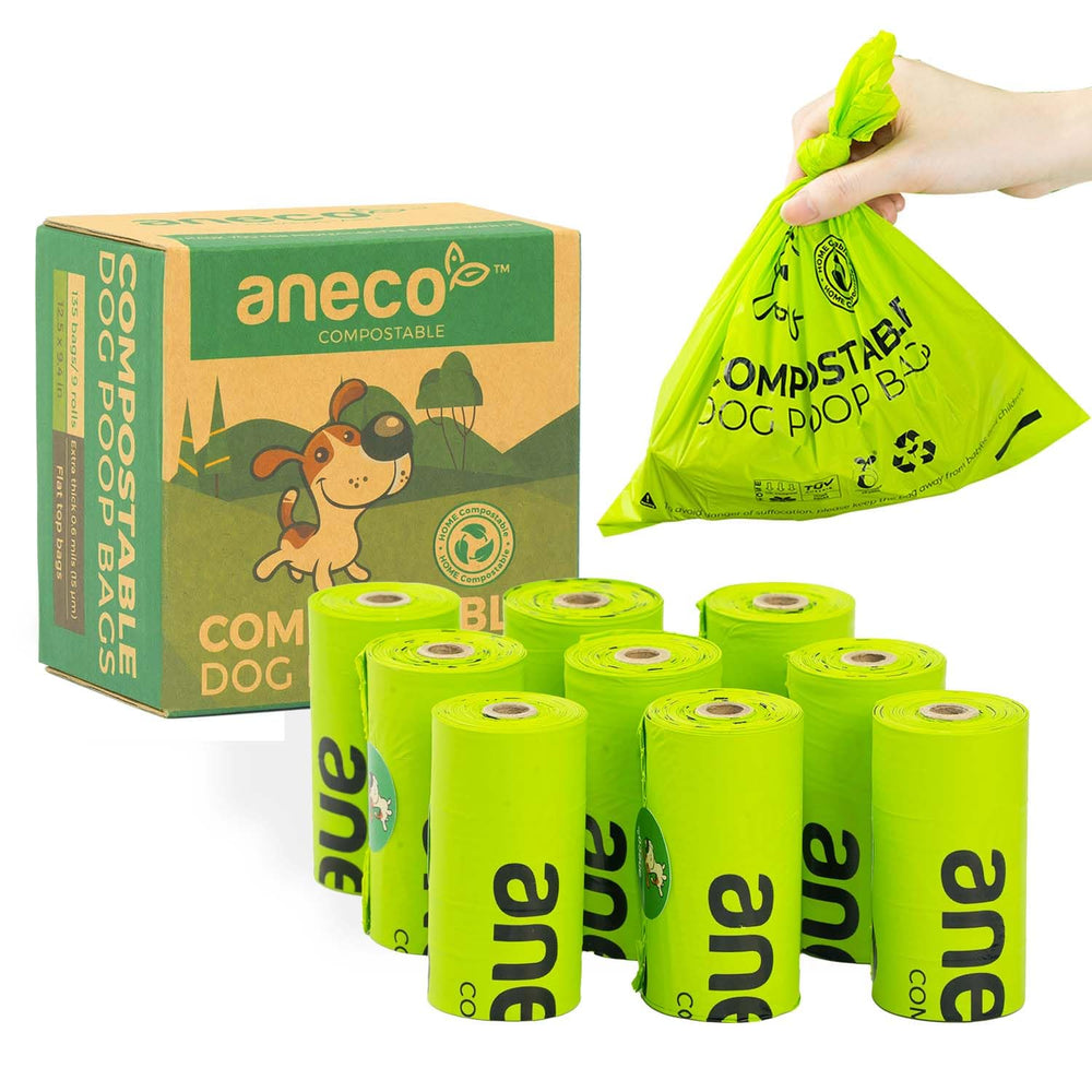 ANECO compostable dog poop bags in a box highlight natural materials for eco-cleanup.
