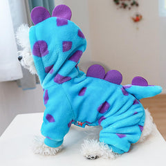 Anelekor dinosaur dog coat blue side profile with leash hole for easy walks.