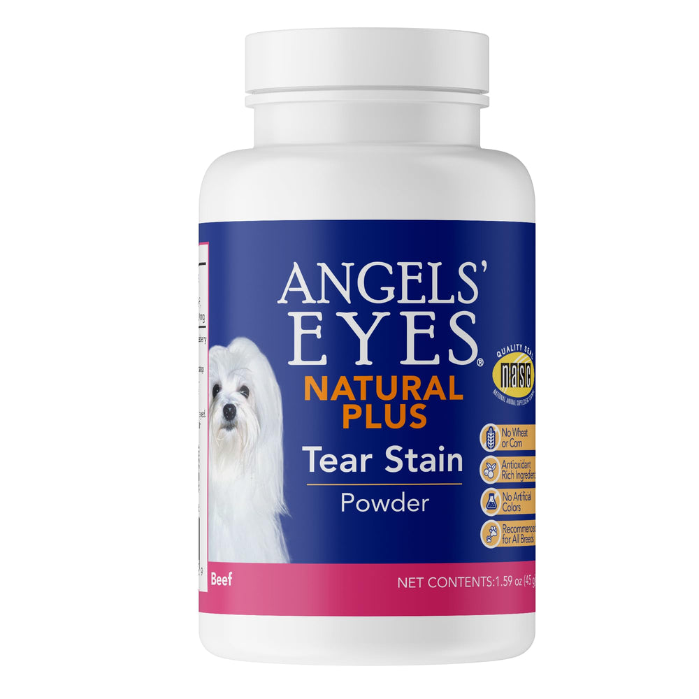 ANGELS' EYES Natural Plus tear-stain powder bottle with clear-eye support benefits.
