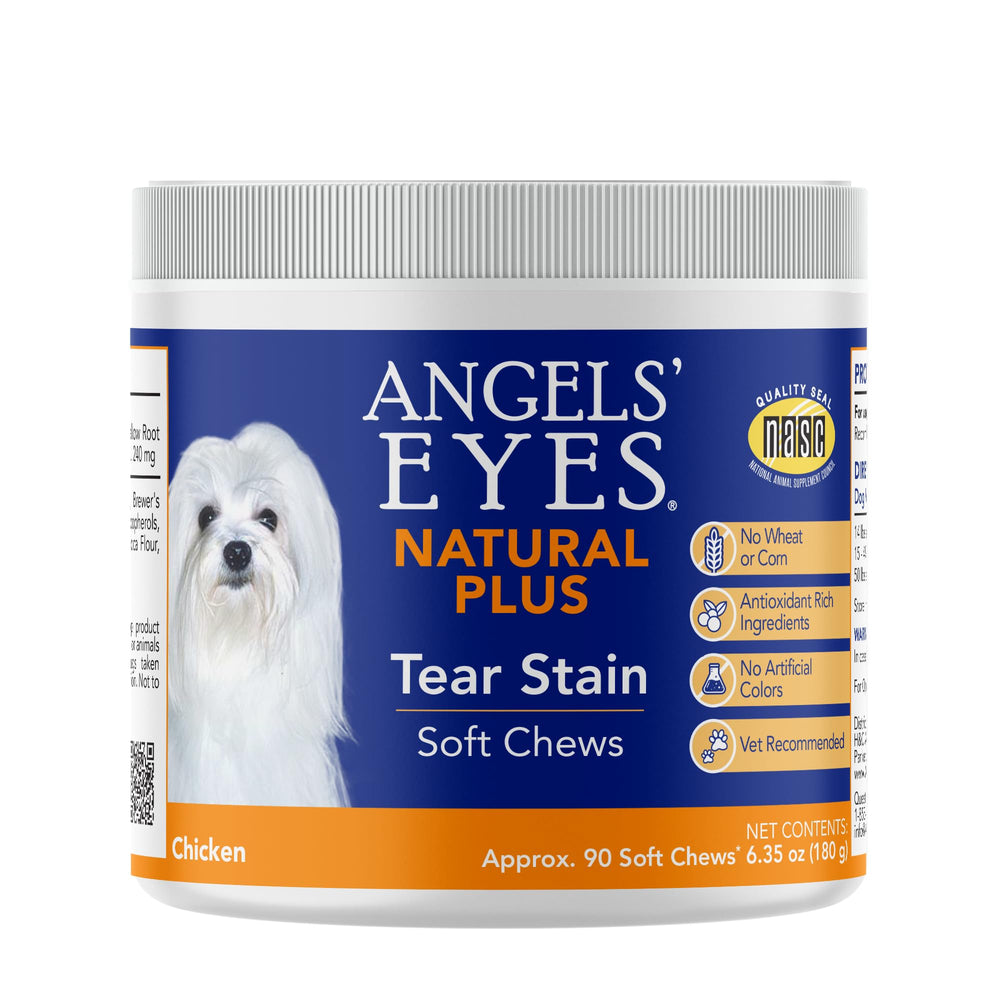 Angels' Eyes bottle close-up—chicken chews for tear-stain management.