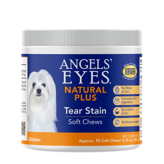 Angels' Eyes bottle close-up—chicken chews for tear-stain management.