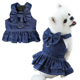 ANIAC denim dress on a small dog with blue bow for stylish outings.