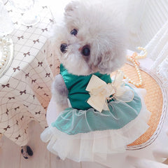 ANIAC retro dog tulle dress green back view shows seamless fit and poised charm.