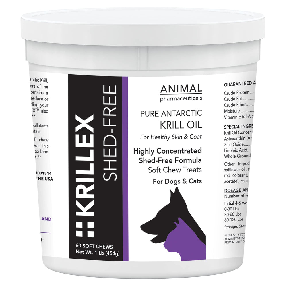 Animal Pharmaceuticals Krillex Shed-Free Chews jar showing shedding-support for pets
