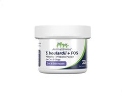 AnimalBiome S boulardii + FOS dog bottle demonstrates gut-support probiotic use.