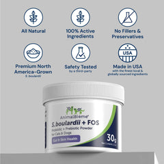 AnimalBiome S boulardii + FOS powder dosing spoon shows easy daily administration.