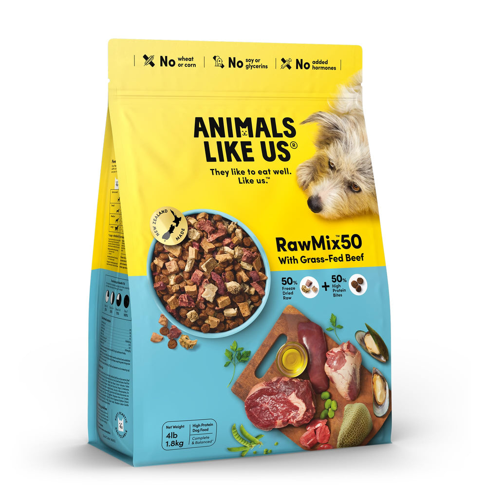 Animals Like Us RawMix50 packaging front shows protein-packed freeze-dried beef