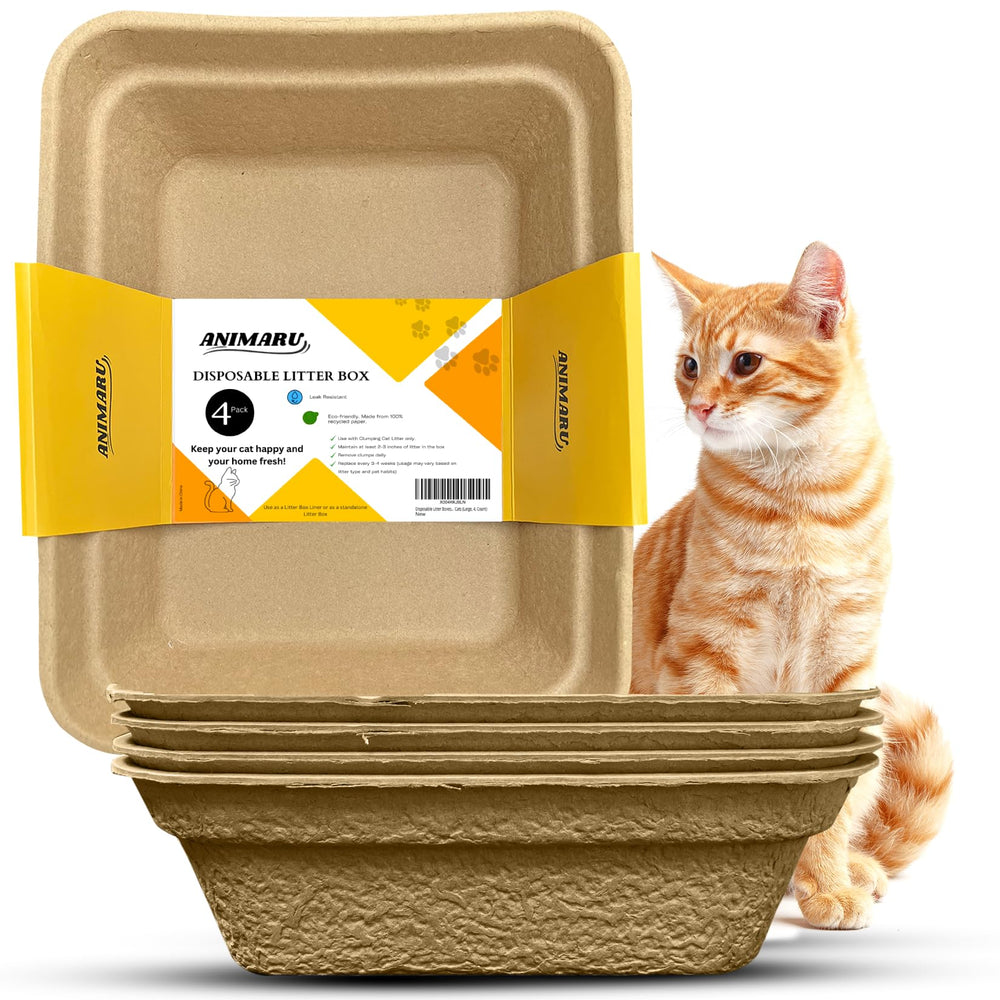 Animaru Disposable Litter Box brown large 4-pack packshot highlights eco-friendly, compostable design.
