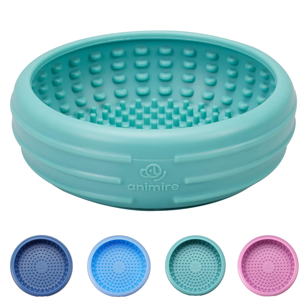 Animire dog lick bowl teal close-up shows non-slip design for mess-free feeding.