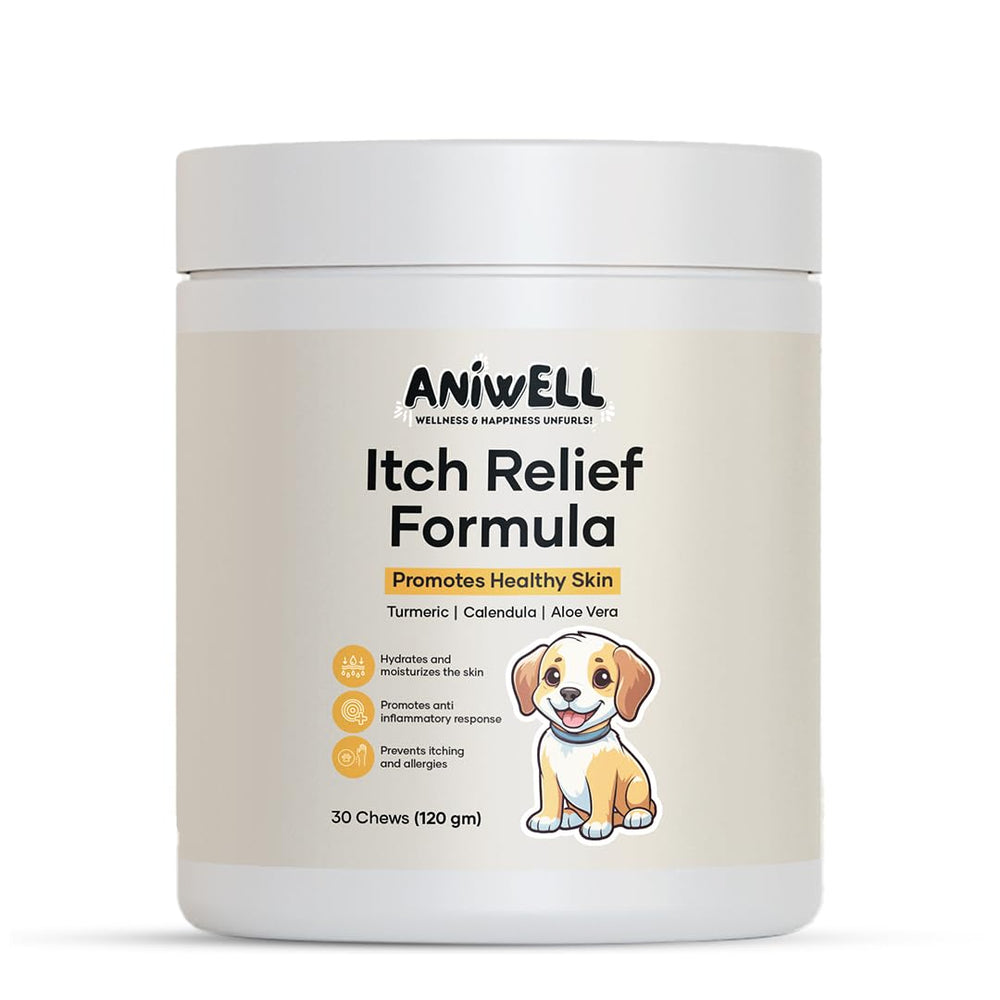 Aniwell Itch Relief Chews bottle front showing a comforting solution for irritated skin.