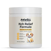 Aniwell Itch Relief Chews bottle front showing a comforting solution for irritated skin.