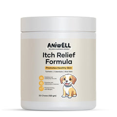 Aniwell Itch Relief Chews bottle front showing a comforting solution for irritated skin.