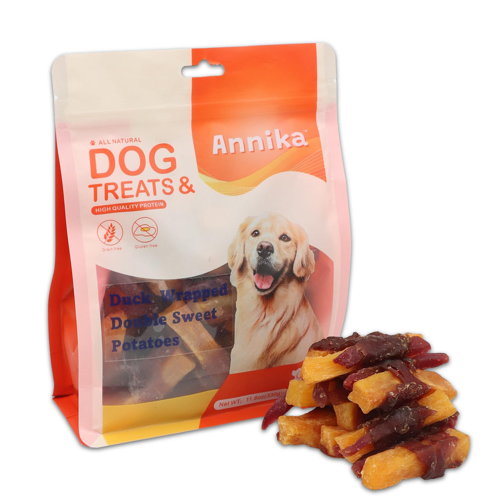 Annika duck wrapped sweet potato treats pack closeup – premium protein snack for training rewards.