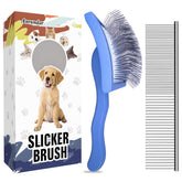 Anrundar dog slicker brush large blue handle gliding through thick coat for gentle detangling