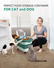 ANVS dog food container with four casters for easy relocation in the kitchen.