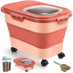 ANVS dog food storage container front view in pink with airtight seal preserves kibble freshness.