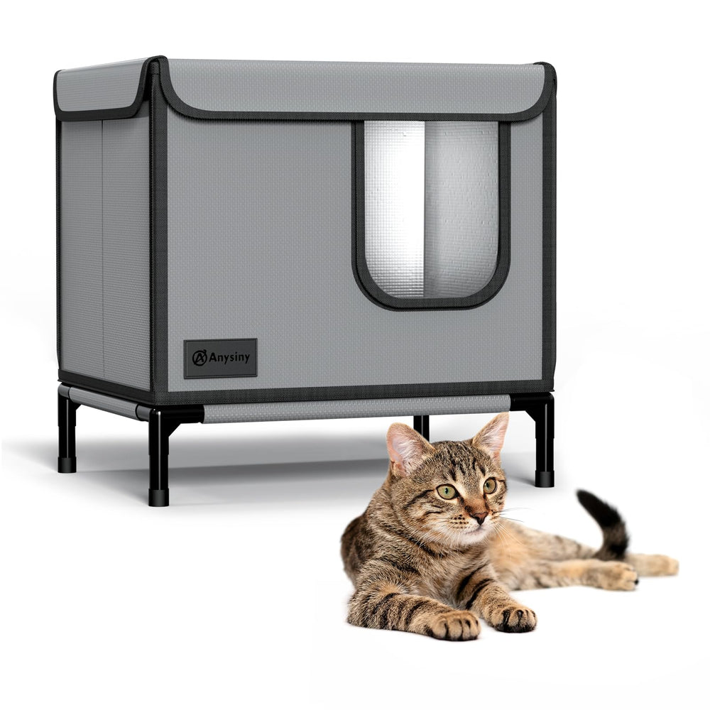 Anysiny outdoor cat house exterior with elevated stakes for warmth and moisture protection.