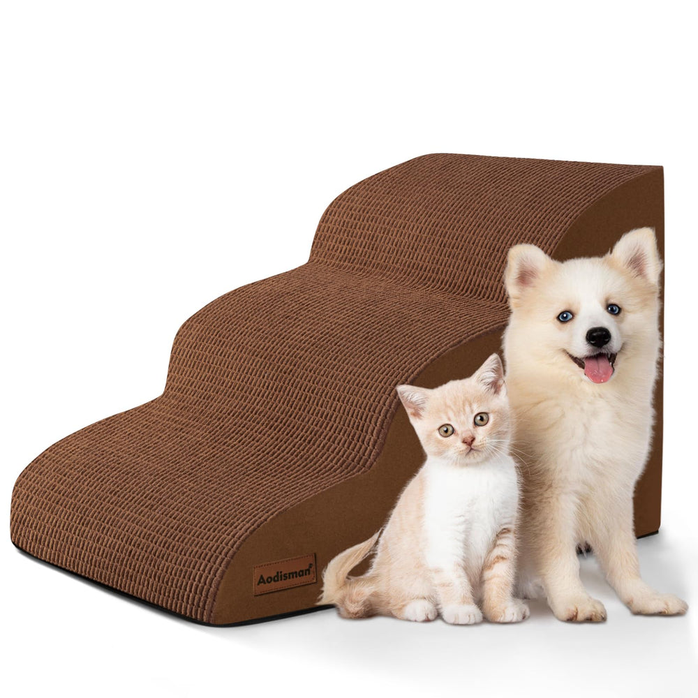 Aodisman 3-Step Dog Ramp brown side view helps small dogs reach the sofa with ease