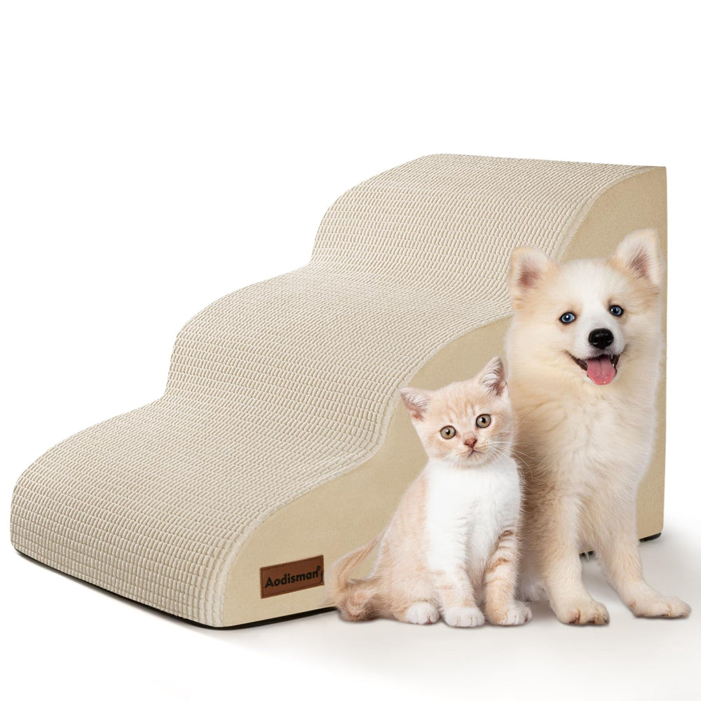 Aodisman 3-step dog ramp side view in beige, easing sofa access for small dogs.