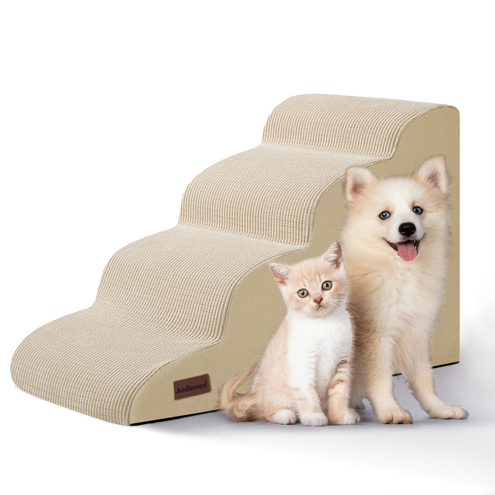 Aodisman 4-step dog stairs beige for bed or couch, easier pet access