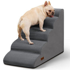 Aodisman 5-step dog stairs on bed edge provide easy, stable access for small dogs.